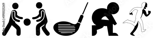 Vector pictograms of athletes in motion soccer players, golfer, bowler, runner. Simple black silhouettes, flat design, isolated on transparent background.