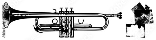 Classic trumpet instrument with worn metallic finish, abstract ink blot shapes, artistic vector design, musical instrument illustration, isolated foreground.