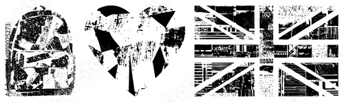 Distressed vector backpack, shattered heart, Union Jack flag, gritty texture, design, urban aesthetic, graphic symbols.