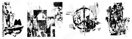 Fragmented abstract forms with bold shapes, halftone textures, graphic art, vector cutouts, modernist composition, black and white design, isolated art elements.