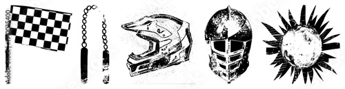 Checkered racing flag, nunchaku weapon, helmet, medieval knight helm, stylized sun all in gritty halftone vector style. Racing, martial,, and celestial motifs.