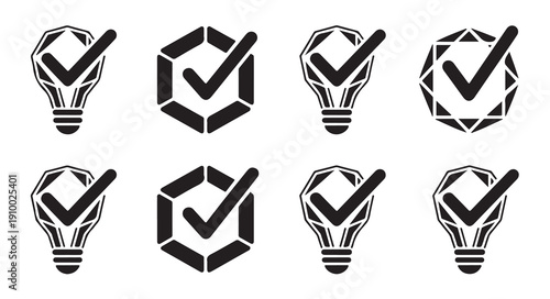 Verified idea icon set, checked light bulb symbol, polygonal shape with tick sign collection
