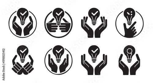 Hands holding light bulb icon, verified idea symbol, protected solution graphic collection