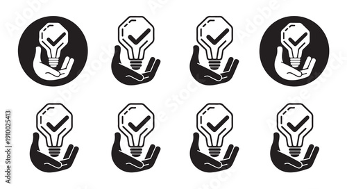 Hand holding light bulb icon, verified idea symbol, approved solution graphic collection