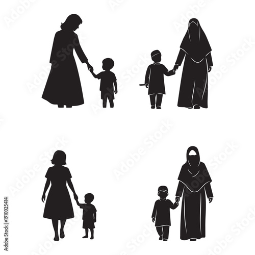 Black silhouettes depict diverse mothers and children holding hands symbolizing family bonds and cultural backgrounds.