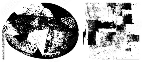 Black and white abstract composition featuring fragmented forms, halftone, and high contrast textures, ideal for graphic design or digital art backgrounds.