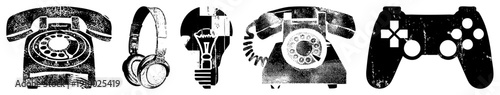 Classic rotary telephone, over ear headphones, illuminated lightbulb, vintage phone, gaming controller, retro tech symbols, vector set.