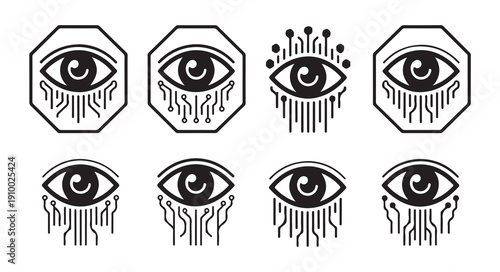 Cybernetic eye symbol with circuit board lines on white background abstract concept