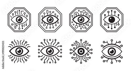 Cybernetic eye symbol with circuit board lines within octagon on white background