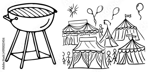 Outdoor barbecue grill with grates, carnival tents with scalloped drapes, balloons floating, fireworks bursting, stick figures enjoying festival.