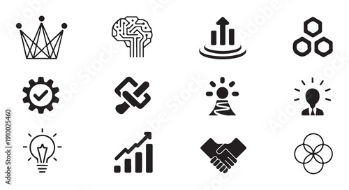 Collection of business and technology icons including brain, chart, handshake, crown