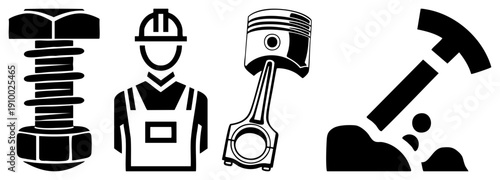 Mechanical engineering symbols including worker, piston, bolt, and hammer, vector for industrial design, manufacturing, and mechanical systems.