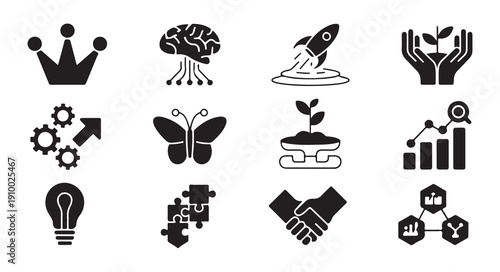 Business innovation icons set with brain rocket gears lightbulb butterfly puzzle handshake