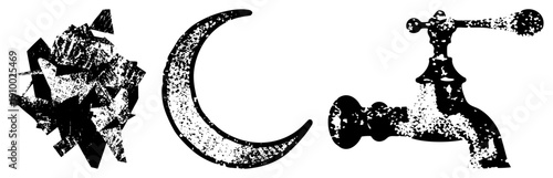 Stylized faucet with handle, moon symbol, fragmented geometric shapes, vector art, distressed texture, isolated elements.