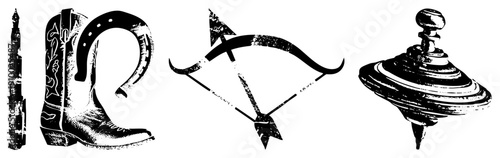 Cowboy boot with, horseshoe, recurve bow with arrow, spinning top toy rustic Americana symbols, isolated vector.
