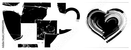 Fragmented heart symbol and shattered mug shapes, distressed texture, graphic design elements, black and white vector art, emotional.