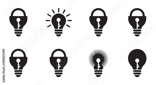 Lightbulb lock and key icons representing intellectual property security and secret knowledge