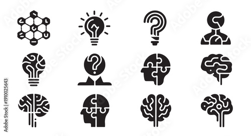 Set of human brain icons for creative thinking problem solving and cognitive development use