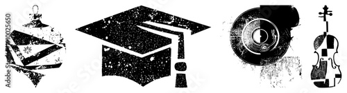 Distressed B&W vector ornament, cap, record, violin splatter & fragmented. Ideal for retro, artistic, or educational themes.