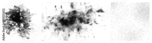 Vector graphic with halftone dot clusters, abstract ink splatter effect, isolated digital art, stylized texture, graphic design element,.