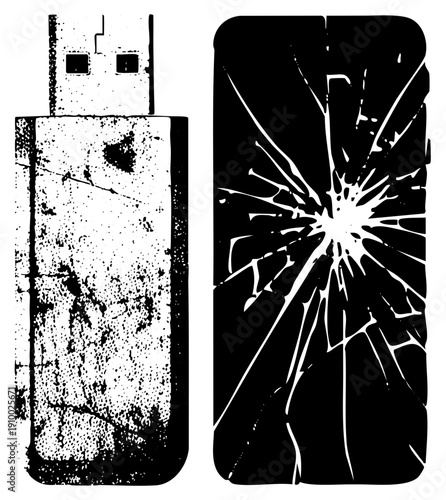 Damaged digital devices, broken phone screen with spiderweb cracks, worn USB flash drive with speckled texture, tech failure, data loss symbols.