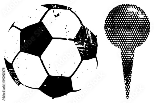 Black and white vector of soccer ball and golf ball, halftone texture, distressed style, sports equipment, graphic design elements.