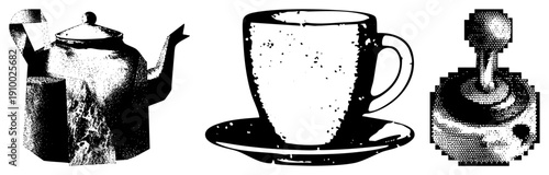 Classic teapot pouring tea, ceramic coffee cup on saucer, pixelated joystick controller, retro gaming and tea time, halftone style vector art.