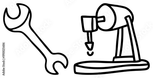 Hand tool wrench and power drill machine, mechanical repair equipment, DIY toolkit, maintenance gear, black art, technical drawing.