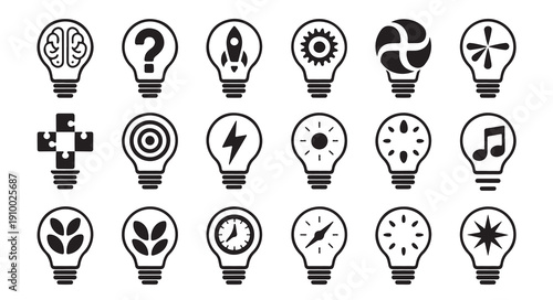 Creative light bulb set featuring various symbols for innovation energy and time management