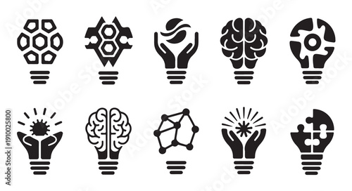 Hand and brain icons within lightbulbs representing ideas growth and innovation