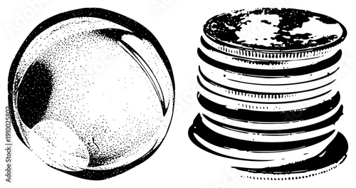 Classic black and white halftone graphic showing soccer ball with panel shading and threaded bolt stack, vector art, isolated foreground elements, mechanical and sports.