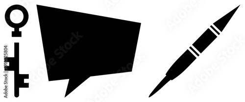 Set of four minimalist black female gender symbol, vintage key, speech bubble, and pen. Flat design for UI, branding, or digital interfaces.