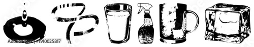 Stylized depicting liquid splash, spray bottle, drinking glass, beer mug, and ice cube, rendered in high contrast graphic design.