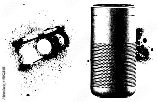 Minimalist smart speaker with perforated grille, toggle, digital interface, tech gadget, vector illustration, graphic, UI element.