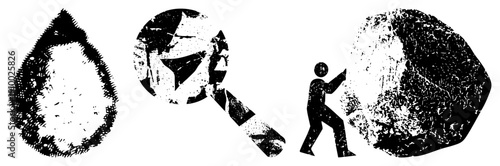 Water droplet, magnifying glass, and person pushing boulder symbols of investigation, nature, and perseverance, rendered in gritty halftone texture.