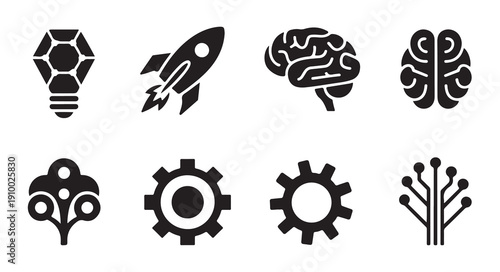 Business and technology icons set featuring brain rocket gear and circuit board silhouettes