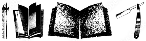 Classic straight razor and open book rendered in halftone dot, vector graphic,, educational or grooming theme, isolated symbols.