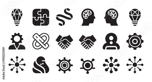 Set of black glyph icons illustrating business concepts on white background