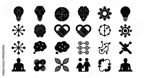 Set of innovation and knowledge icons representing ideas brains teamwork and success