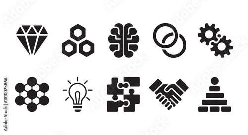 Set of black glyph icons depicting various business and abstract concepts on white background