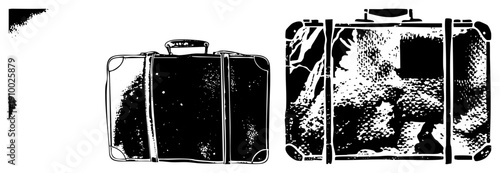 Classic travel trunks with distressed surfaces, retro luggage design, vintage suitcase illustration, halftone shading, travel gear, retro travel, graphic vector art.