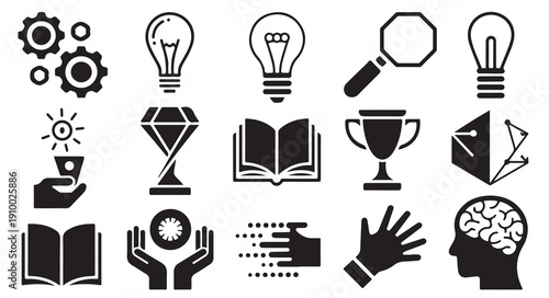 Business and technology icons featuring ideas innovation learning and achievements symbols