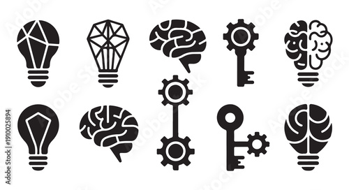 Icons of ideas brains gears and keys representing innovation problem solving and access