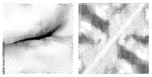 Black and white halftone gradients forming flowing shapes, dot matrix art, vector graphic, isolated design element, stylized texture.