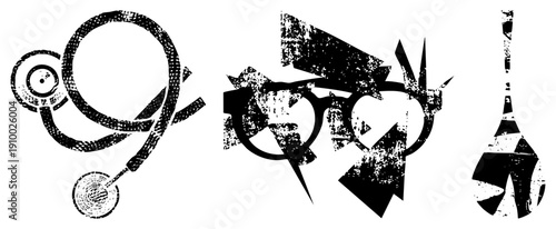 Stylized stethoscope, broken eye, and abstract pendulum rendered in gritty halftone, vector art with distressed texture, medical, symbolic abstraction.