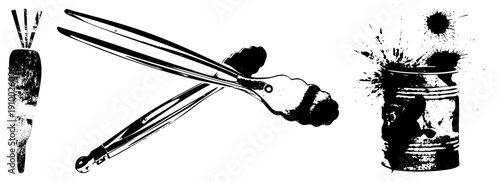 Rustic carrot, vintage pliers, paint splatter can gritty vector, distressed textures, art tools, creative studio props.