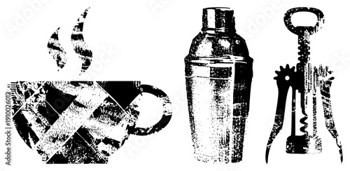Retro halftone graphic of coffee cup with, cocktail shaker, and corkscrew, classic bar and café tools, vector art, isolated elements.