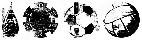 Retro soccer, volleyball, and pinecone shaped sports with gritty halftone textures, stylized vector graphics, isolated design elements.