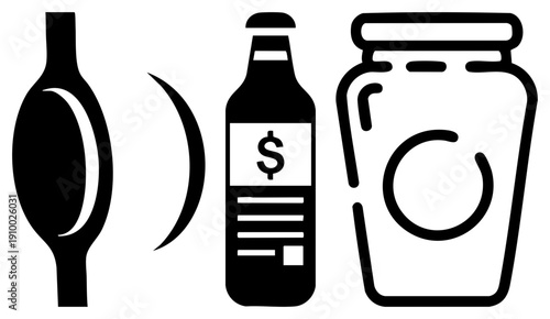 Bottle with dollar sign, jar with lid, and spoon, minimalist vector symbols for finance, preservation, and consumption, flat design for UI or infographics.