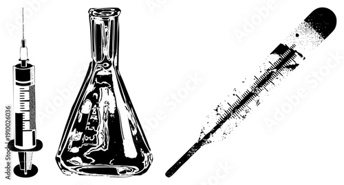Scientific glass flask, medical syringe, thermometer with halftone texture, lab equipment, research tools, medical devices, scientific instruments.